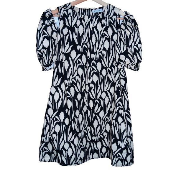 Short Sentence Puffy Sleeve Cutout Relaxed Fit Cotton Mini Dress Pockets Floral - Picture 1 of 11